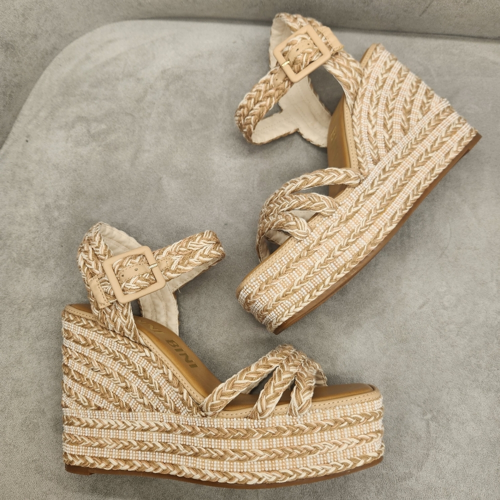 Gianni Bini Wedge Sandals 10 Tan Santi Beaded Woven Chunky Pastel Boho New $110